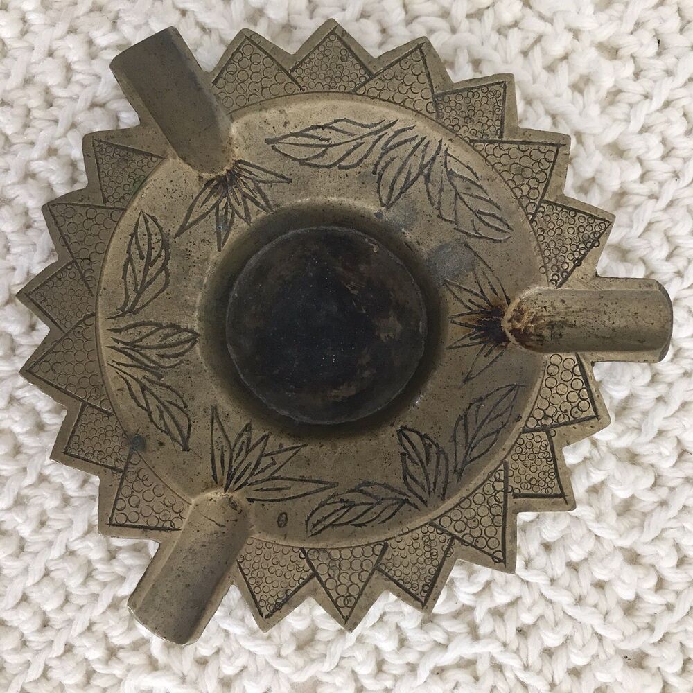 Vintage Solid Brass Ashtray 3 Notch Heavy Brass Trinket Bowl Mid Century